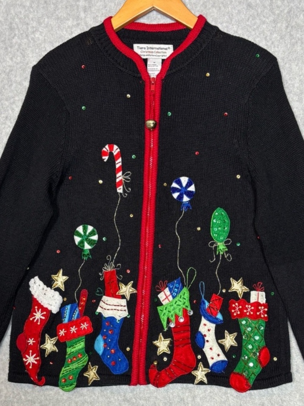 Tiara International Christmas Stockings Full-Zip Embroidery Sweater-Women Medium